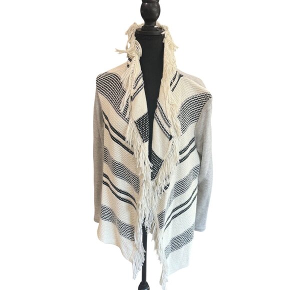 Dolan Sonia Left Coast Collection Fringe Open Cardigan Sweater M Cream Grey - Picture 2 of 12